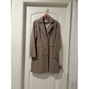 Linea Louis Dell'Olio Tan Button Down Ponte Notched Lapel Long Trench Coat Sz 12